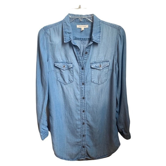 Forever 21 Button Front Chambray Light Wash Mini Shirt Dress Tunic Women’s S - Picture 2 of 13